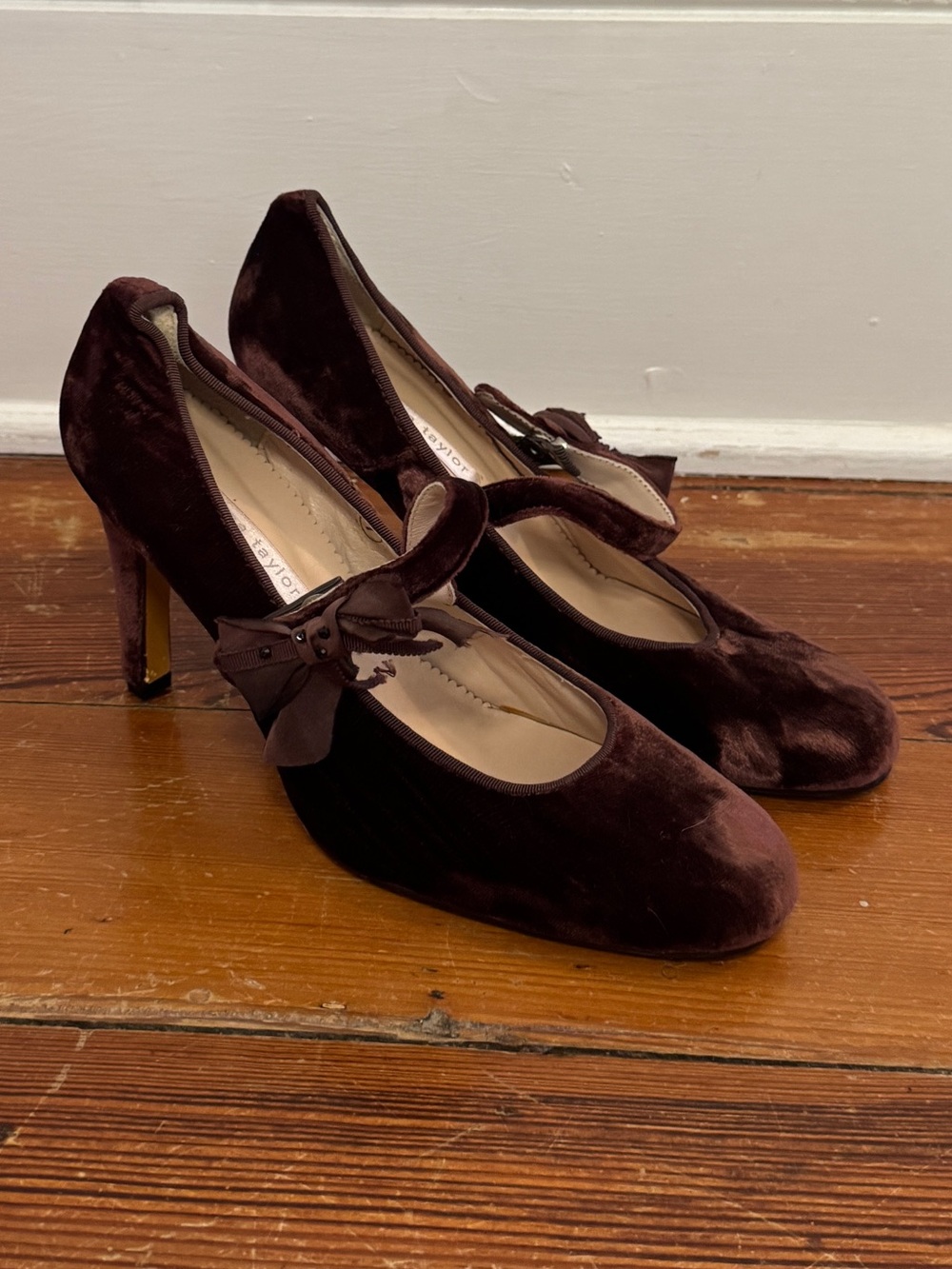 Rebecca Taylor Mary Jane Ballet Heels Brown Crushed Velvet Bow Strap Accent 7